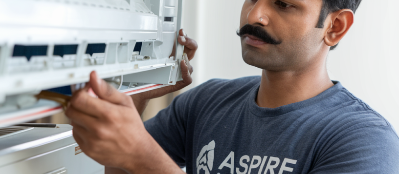 Technician Repairing AC indoor wearing Aspire service blue T-shirt. AC repair service in Mysore