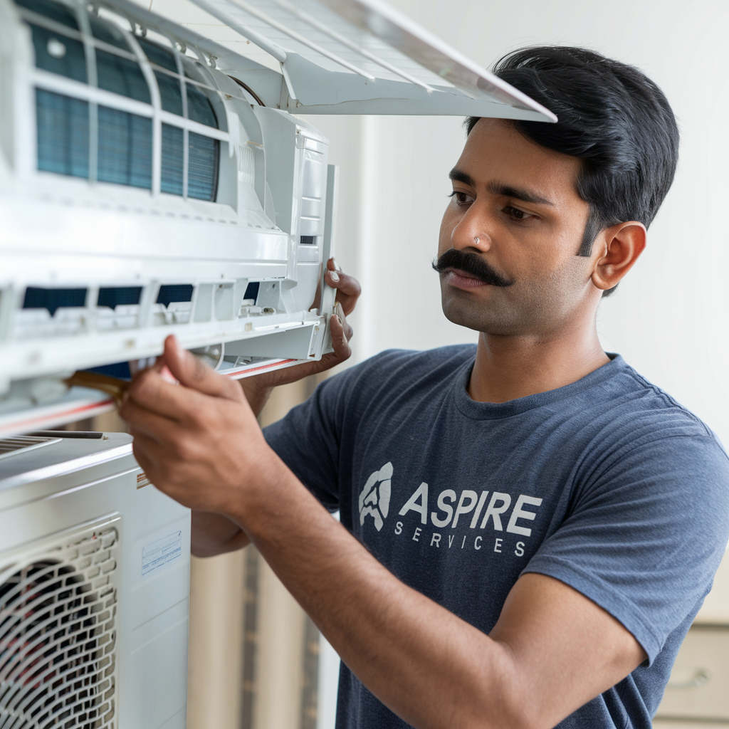 Technician Repairing AC indoor wearing Aspire service blue T-shirt. AC repair service in Mysore