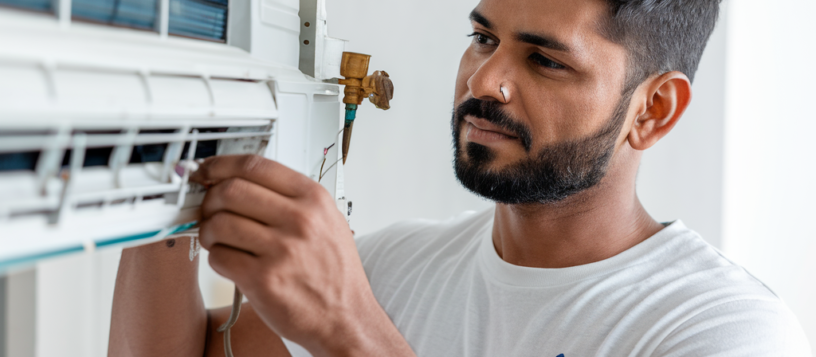 Aspire Services technician Cleaning White Color AC with Brush wearing White color Aspire services T-shirt. AC repair service in Mysore