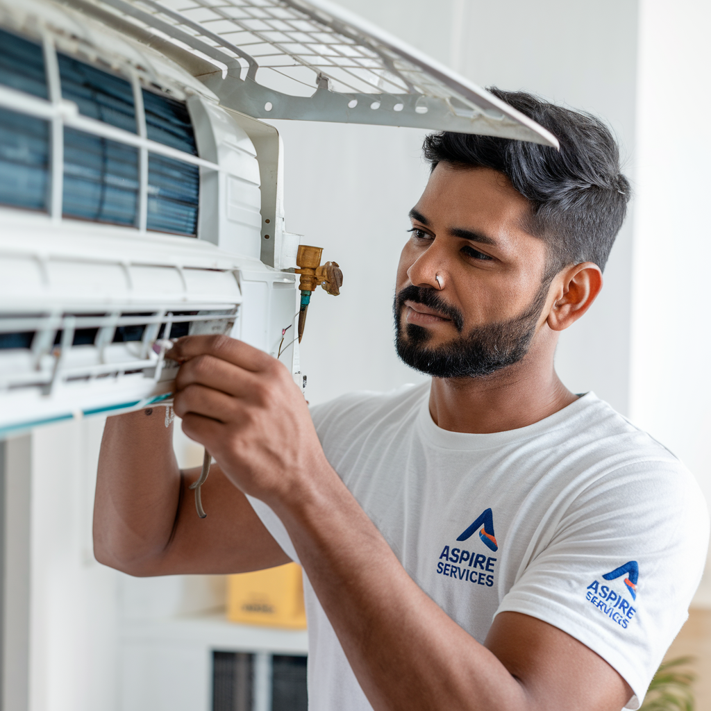 Aspire Services technician Cleaning White Color AC with Brush wearing White color Aspire services T-shirt