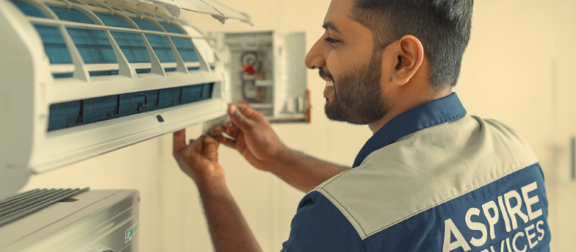 Technician Repairing AC Indoor Filter wearing Aspire services shirt