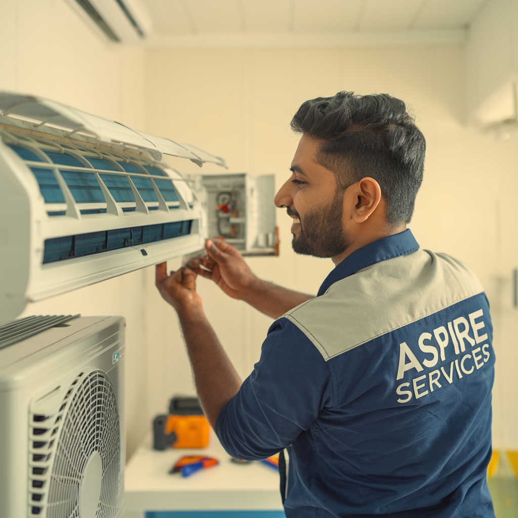 Technician repairing ac indoor filter wearing aspire services shirt