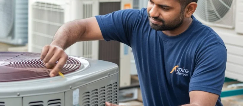 Aspire technician in a dark blue uniform inspecting a grey AC unit, assessing the issue with focus and expertise. AC service in mysore