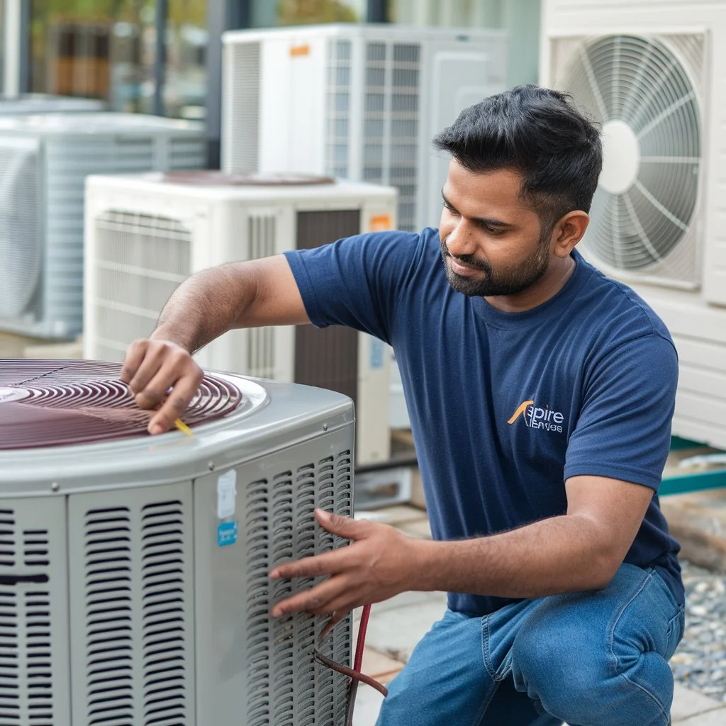 Aspire technician in a dark blue uniform inspecting a grey AC unit, assessing the issue with focus and expertise. AC service in mysore