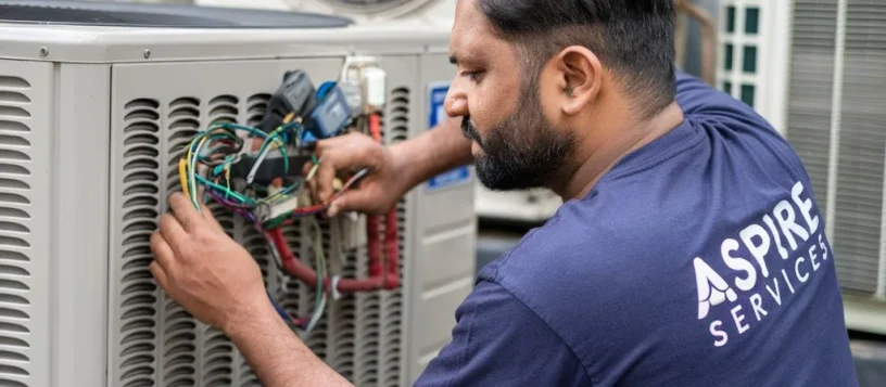 Technician Repairing AC outdoor wearing Aspire services T shirts. AC repair service in Mysore