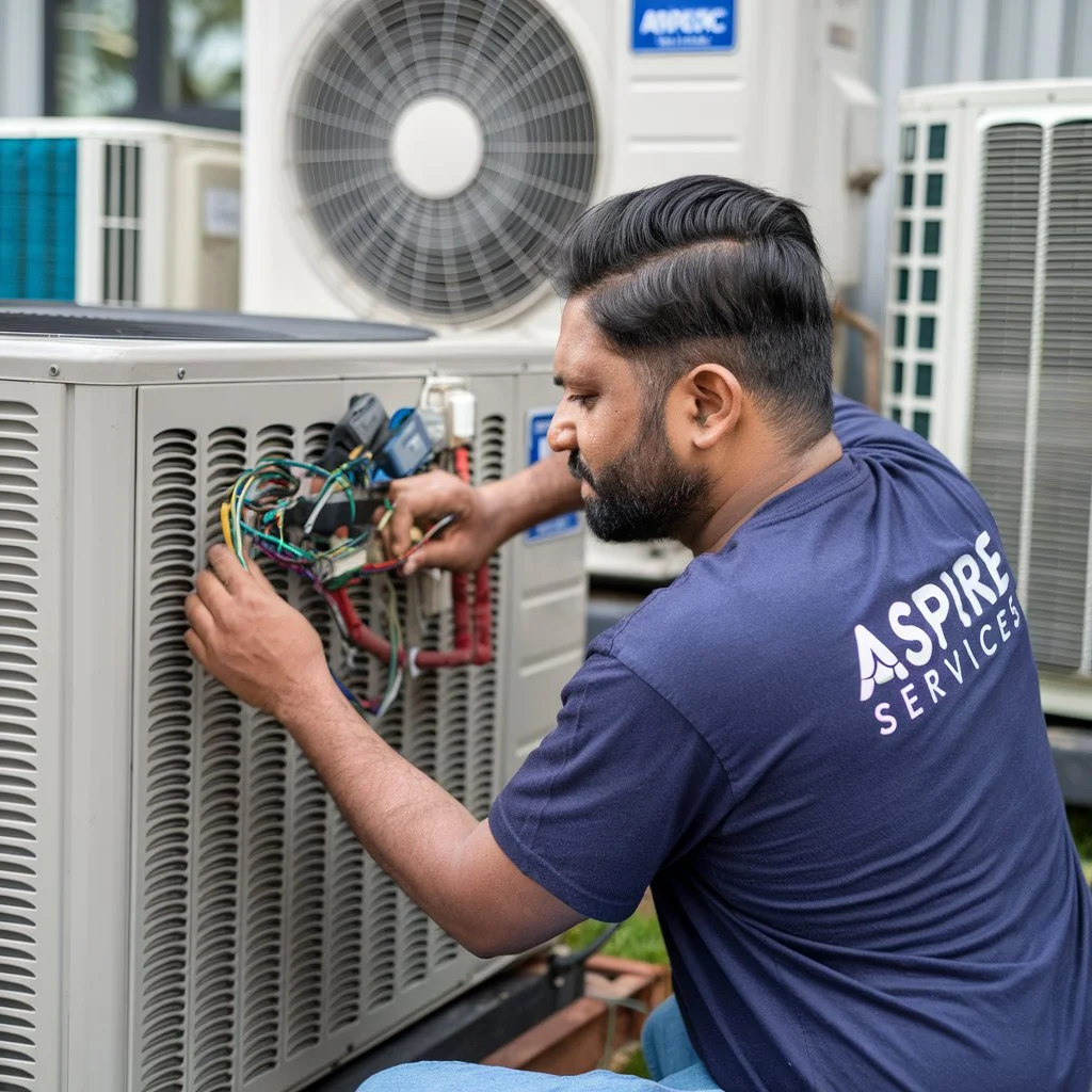 Technician Repairing AC outdoor wearing Aspire services T shirts. AC repair service in Mysore