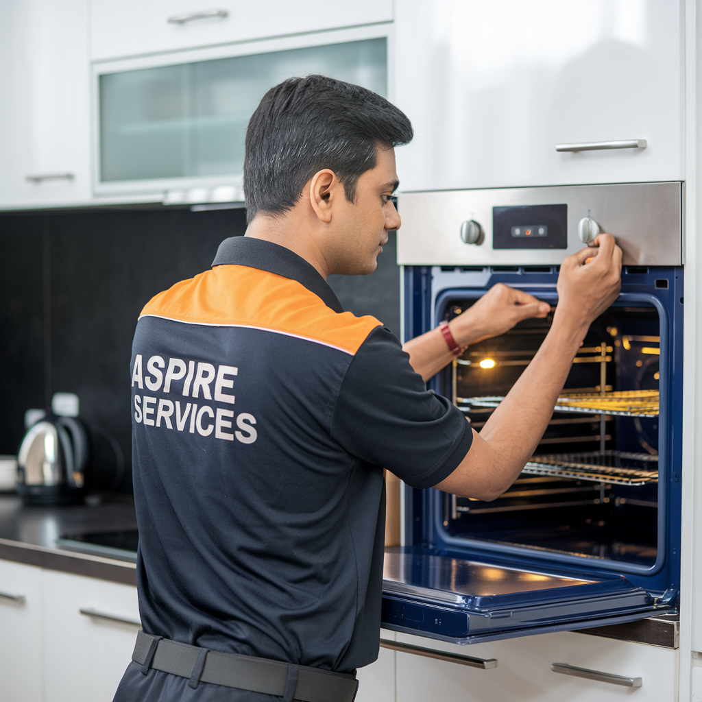 Aspire Services technician in a black uniform repairing the button of a microwave, focused on restoring its functionality with precision.