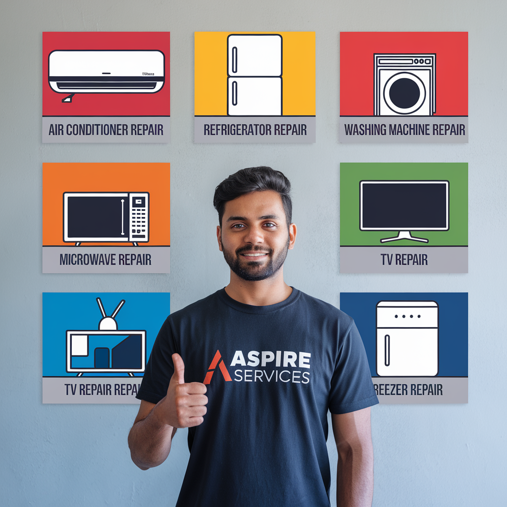 Technician in an Aspire Services t-shirt giving a thumbs up, with a background featuring six appliances: an AC, refrigerator, washing machine, microwave, TV, and freezer.