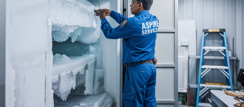 Aspire Services Techninian wearing Blue color Uniform and Inspecting Freezer room which is overcooled.
