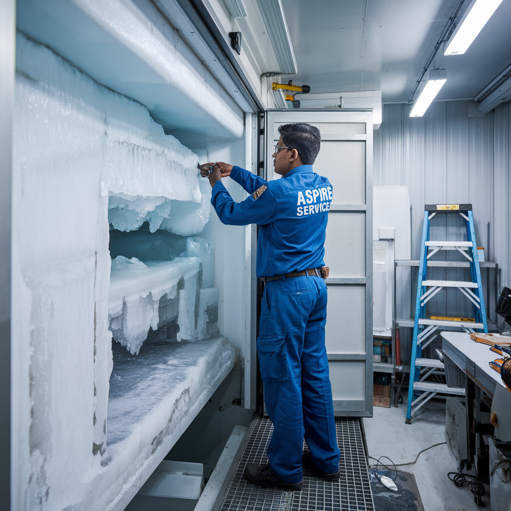 Aspire services techninian wearing blue color uniform and inspecting freezer room which is overcooled.