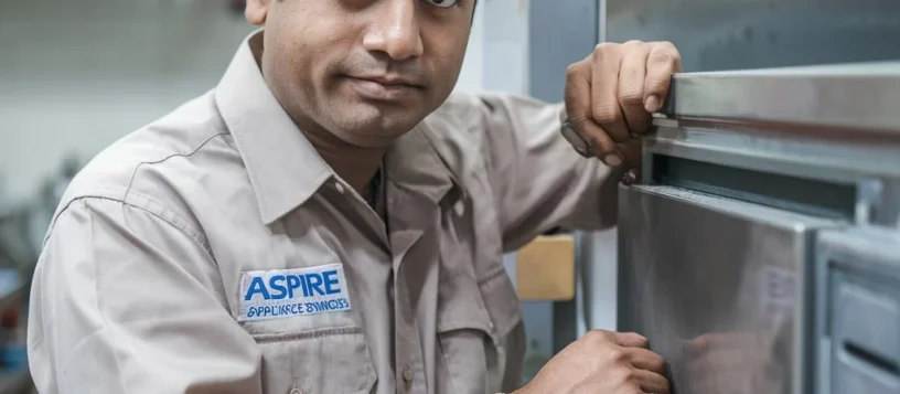 Aspire Services technician Standing in a kitchen in Front of Freezer