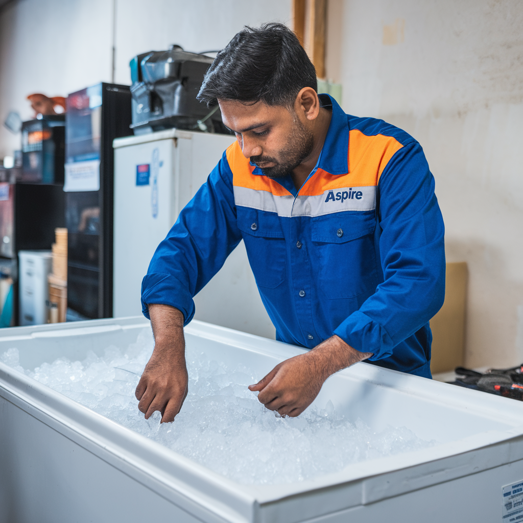 Aspire technician in a blue uniform working on a white freezer, focusing on repairs with precision and expertise.