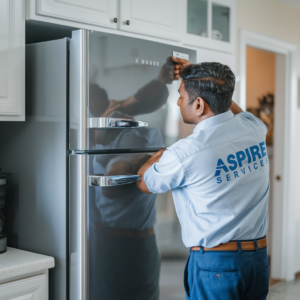 Aspire Services technician inspecting a gray double door refrigerator for repairs and maintenance.