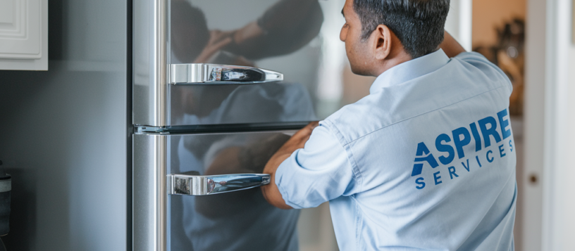 Aspire Services technician inspecting a gray double door refrigerator for repairs and maintenance.