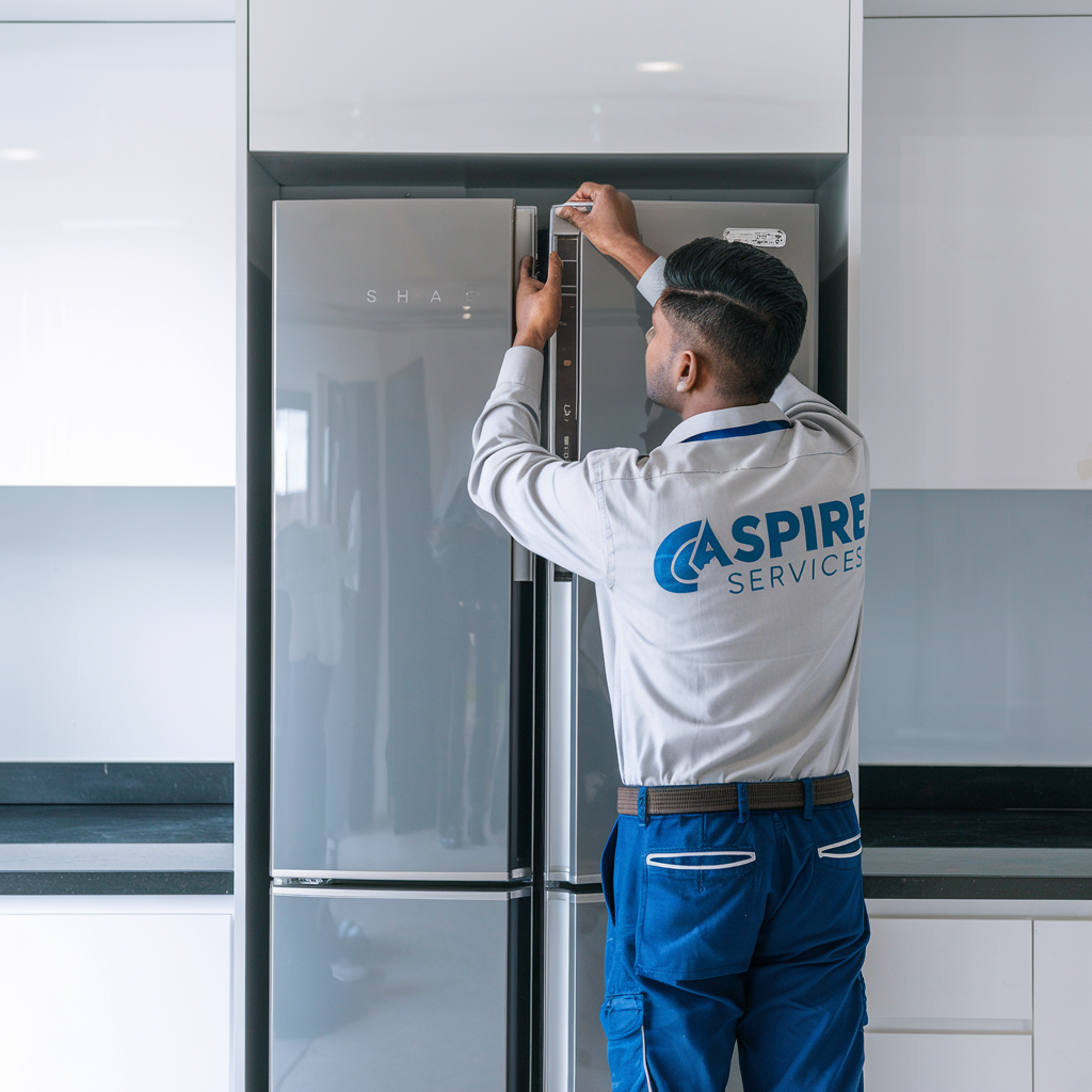 Aspire services technician inspecting a side-by-side refrigerator for troubleshooting and repairs.