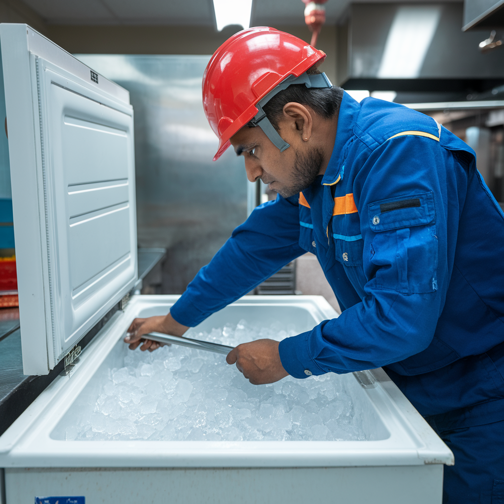 Aspire technician wearing a white helmet and blue uniform reviewing a white freezer box, focusing on assessing the appliance for repairs.