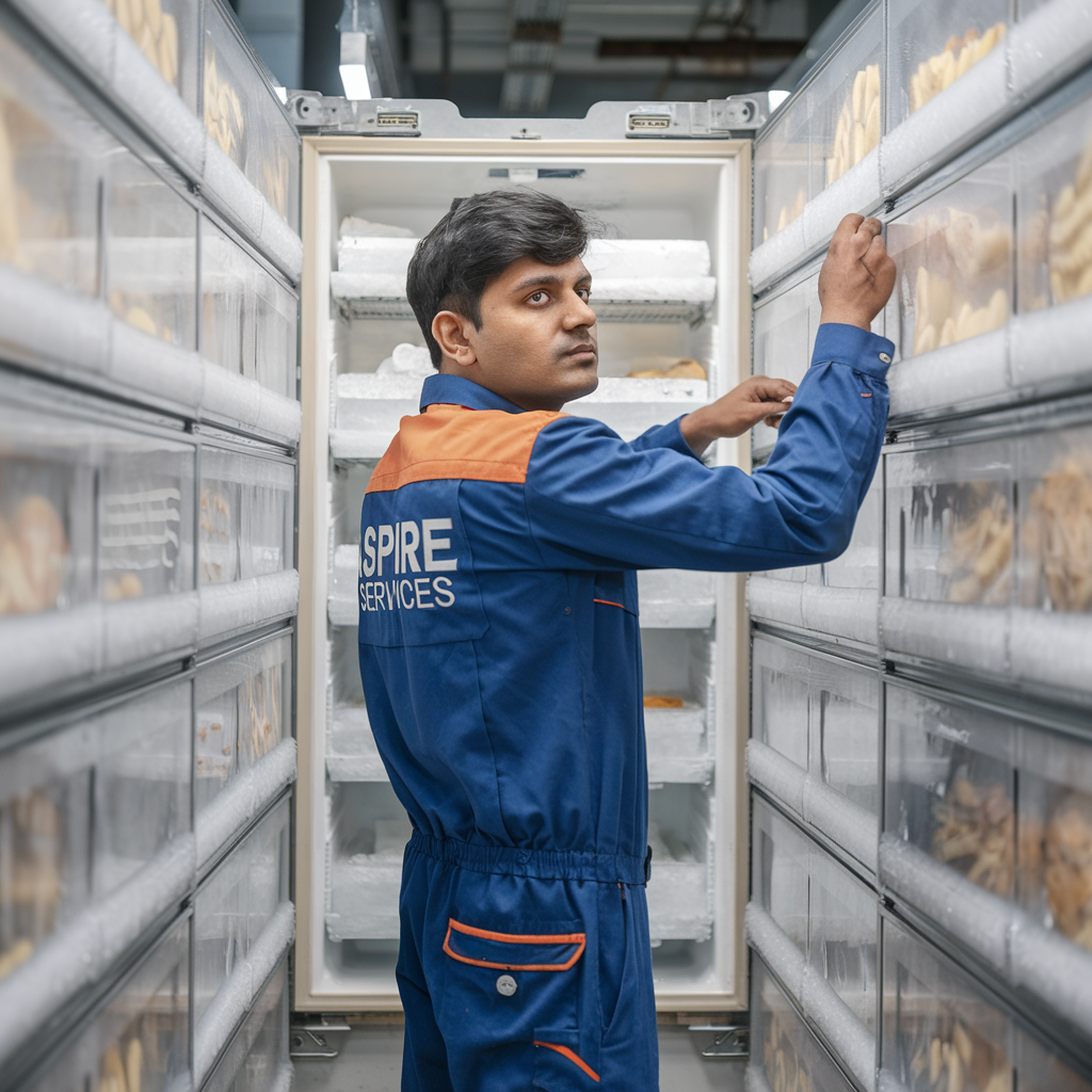 Aspire services technician wearing blue and orange Aspire service uniform and checking Restaurent Kitchen.