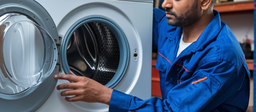 Aspire Services Technician Inspecting White color Front Load Washing machine wearing Blue color Uniform. Washing Machine Repair mysore