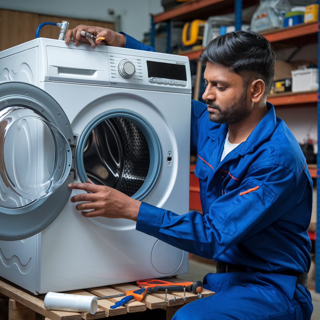 Aspire services technician inspecting white color front load washing machine wearing blue color uniform