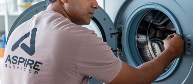 Technician wearing Aspire services T-shirt is Inspecting Grey Color Washing machine