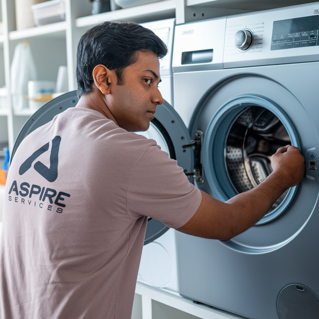 Technician wearing Aspire services T-shirt is Inspecting Grey Color Washing machine