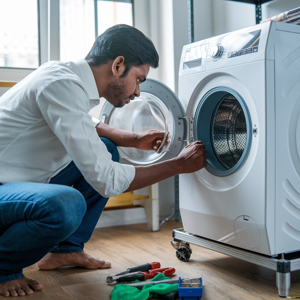 Aspire services technician repairing white color front load washing machine with tools kept on floor