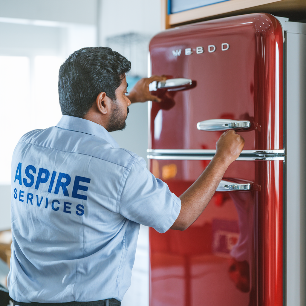 Aspire services technician inspecting a red double door refrigerator for maintenance and repairs.