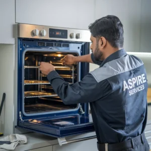 Aspire Services Technicain wearinf Aspire services uniform Inspecting grey and Blue Color Microwave for any issues