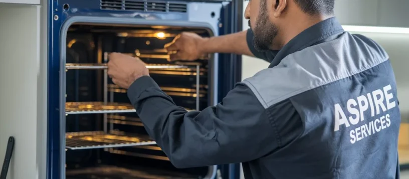 Aspire Services Technicain wearing Aspire services uniform Inspecting grey and Blue Color Microwave for any issues