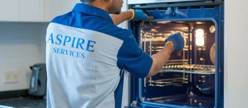 Aspire Services technician in uniform checking the heating capacity of a microwave oven