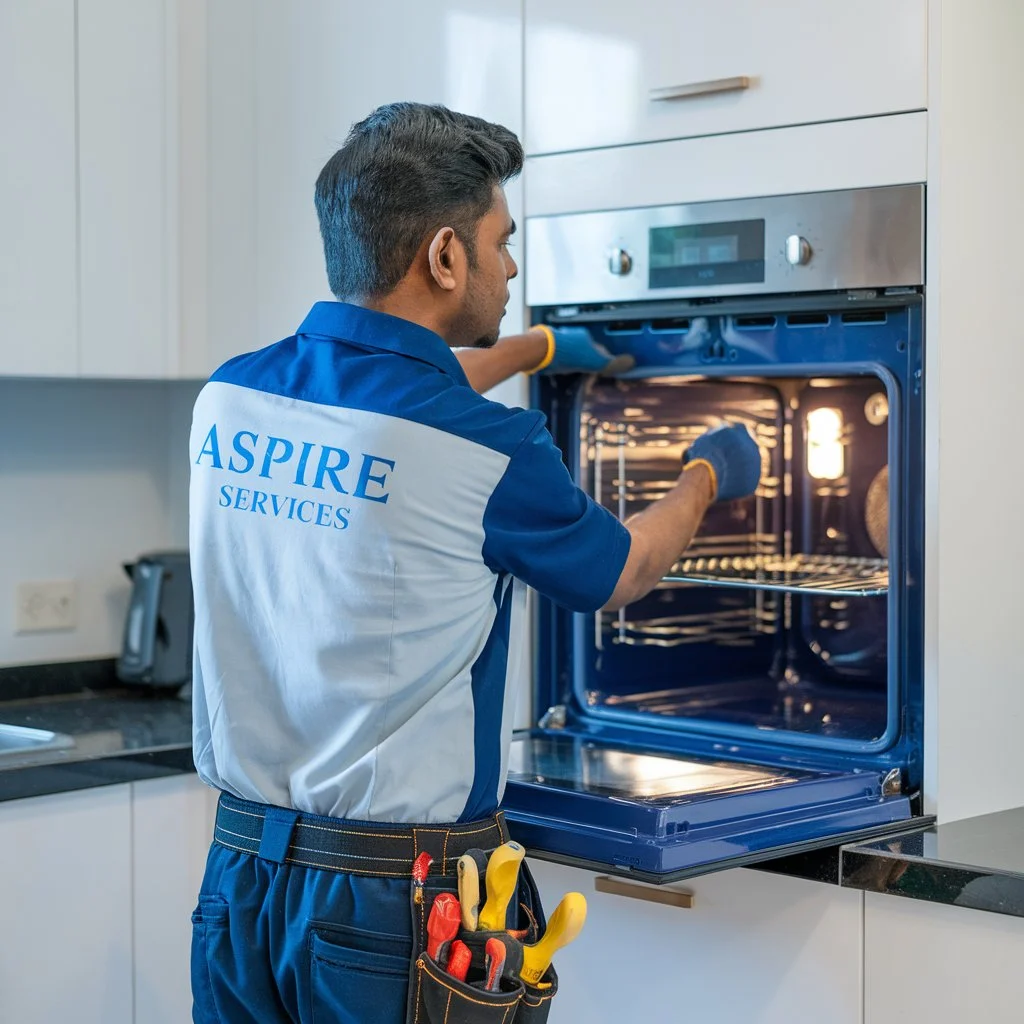 Aspire Services technician in uniform checking the heating capacity of a microwave oven