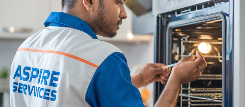 Aspire Services technician repairing a gray grill oven to ensure optimal performance