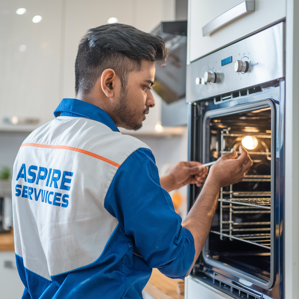 Aspire Services technician repairing a gray grill oven to ensure optimal performance