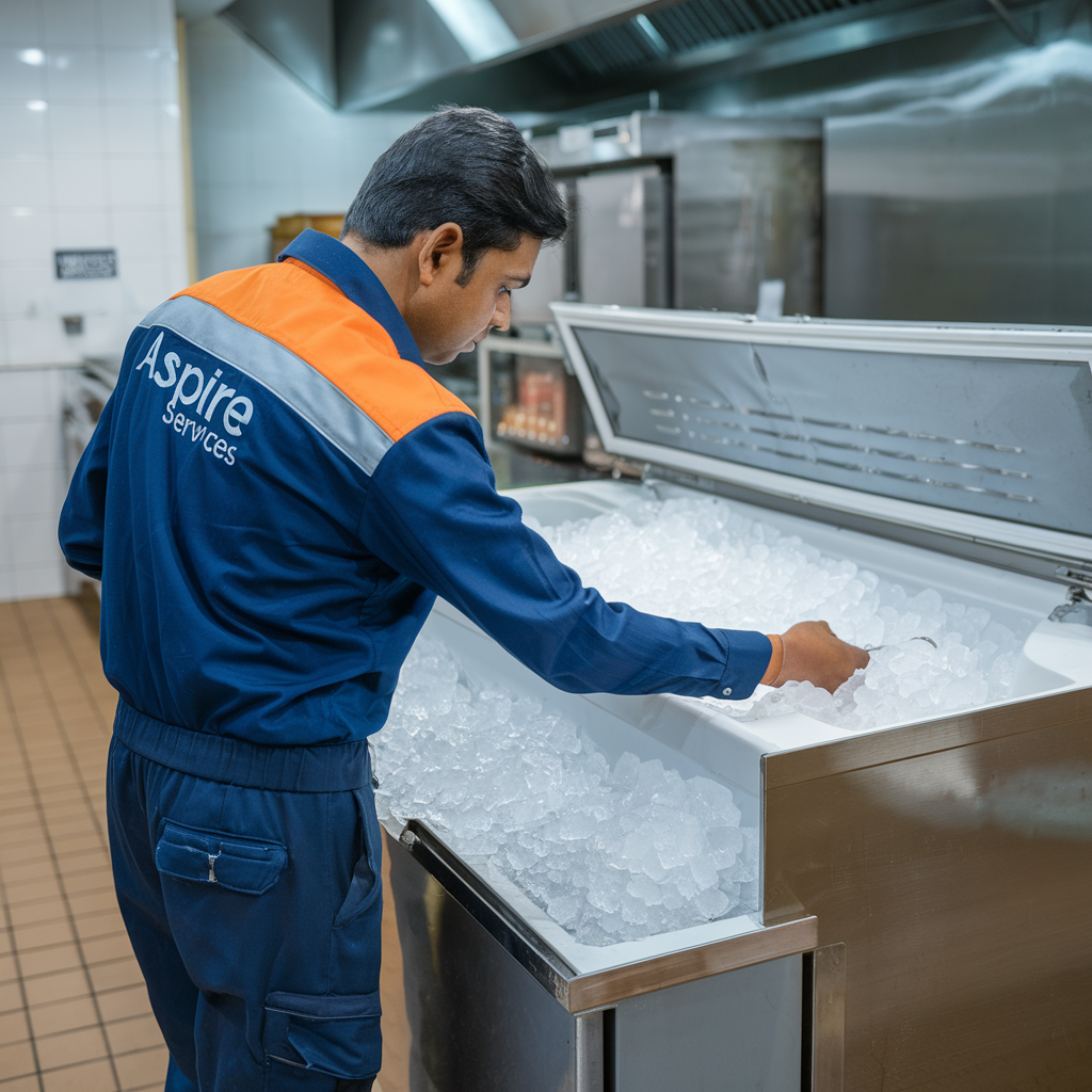 Aspire services technician checking over cooling deep freezer