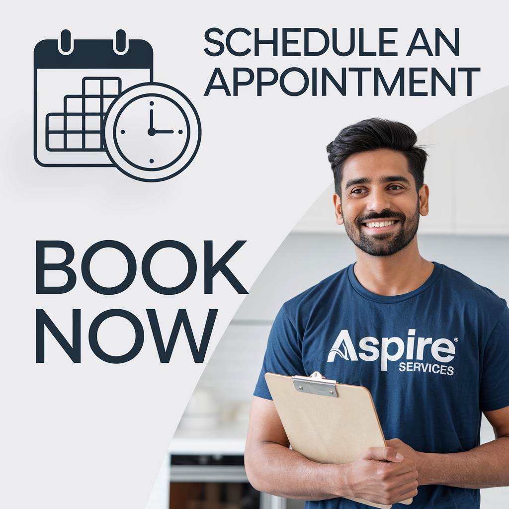 Aspire services technician wearing Blue color uniform and in backgroung written Schedule an appointment