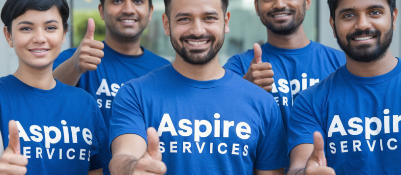 Five Aspire Services technicians, four male and one female, wearing blue t-shirts and giving thumbs up, showcasing teamwork and professionalism.