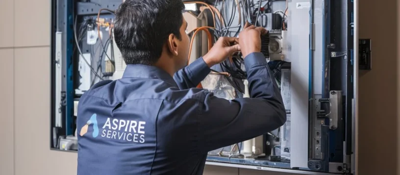 Aspire Services technician repairing the display of a wall-mounted LED TV for optimal performance.