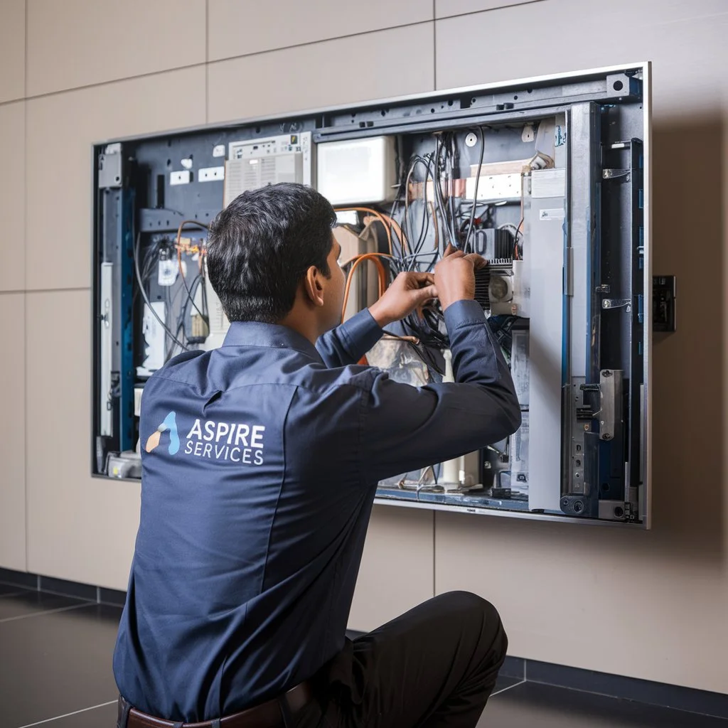 Aspire services technician repairing display of a wall mounted led tv