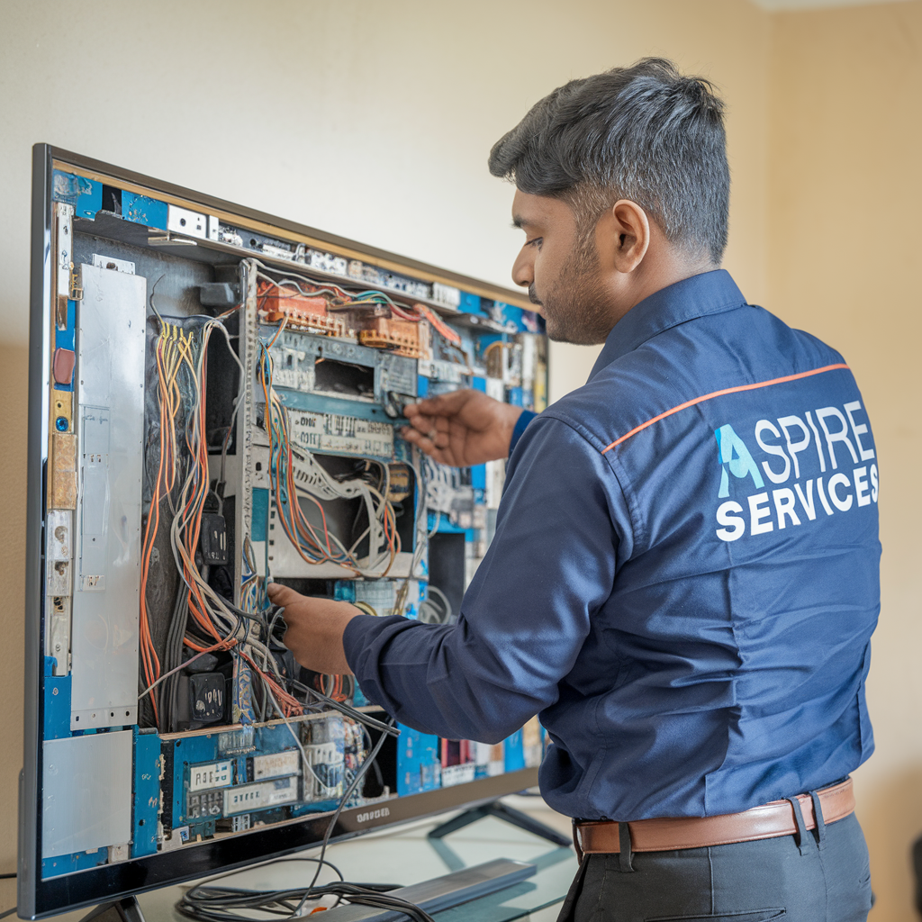 Aspire service technician wearing blue color uniform repairing led tv display