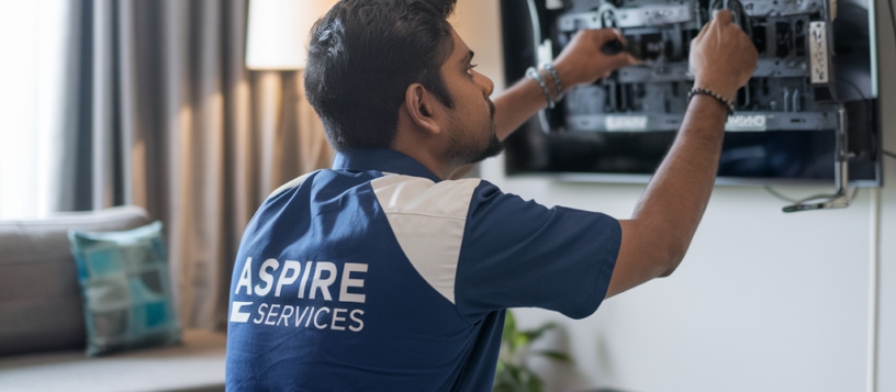 an aspire technician who is inspecting the tv who is wearing a blue tshirth and aspire l