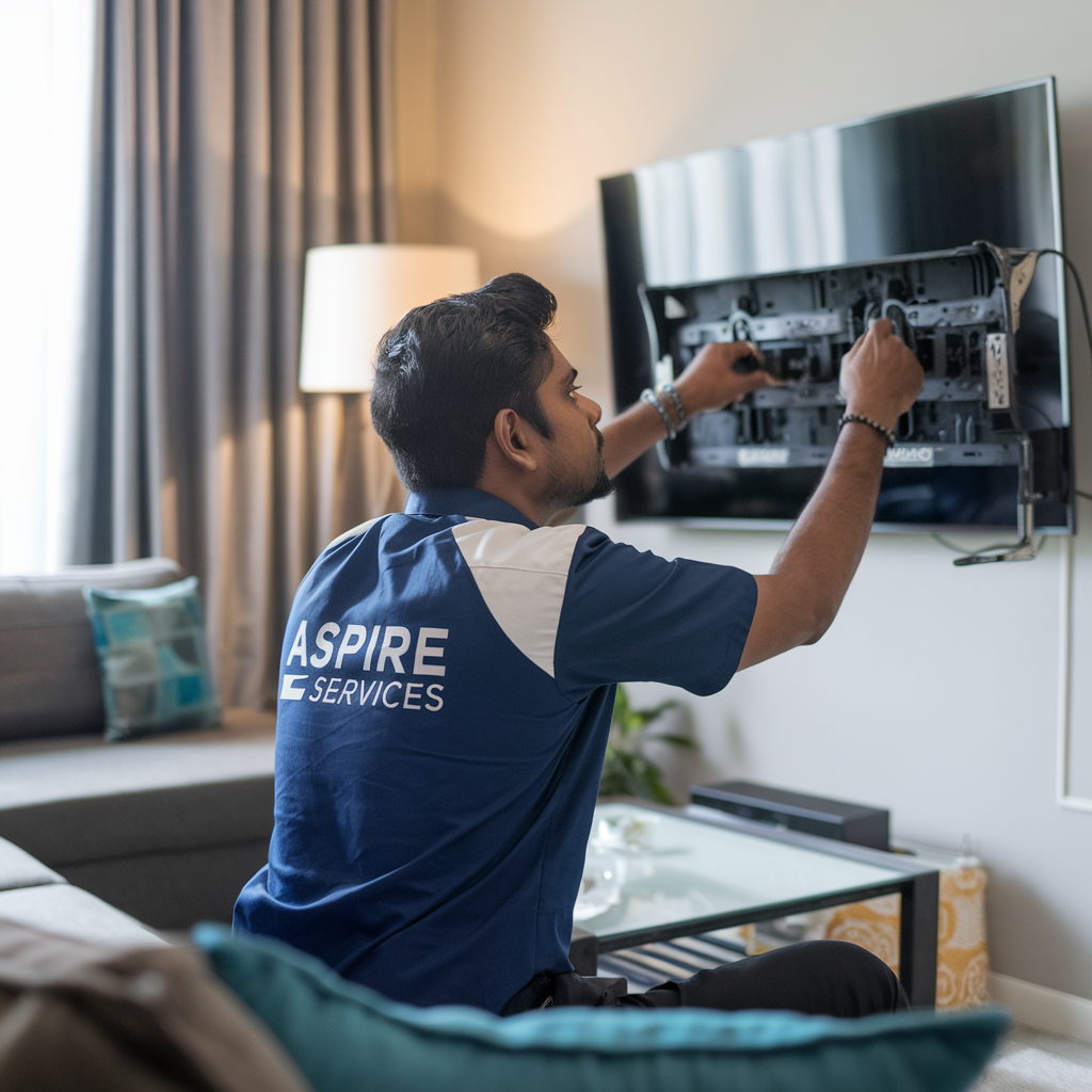 An aspire technician who is inspecting the tv who is wearing a blue tshirth and aspire l