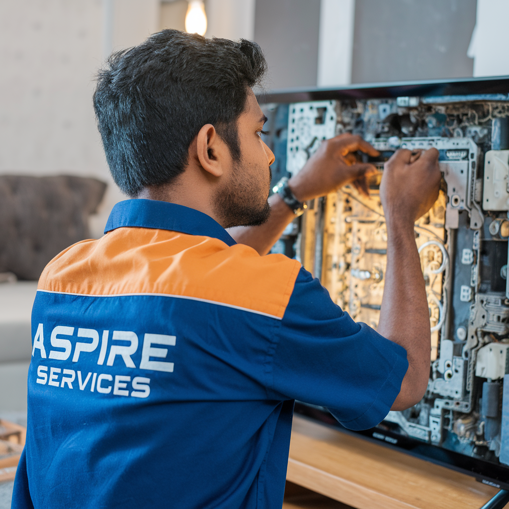 Aspire services technician wearinf Blue color Uniform and Repairing LED TV Display Strrips