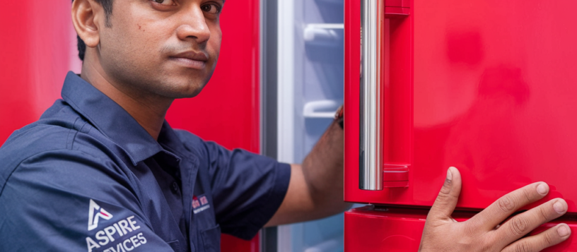 Technician repairg Red side by side Refrigerator