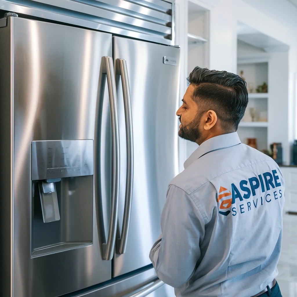 Aspire Services technician Standing in fromt of gray Color Side by side Refrigerator