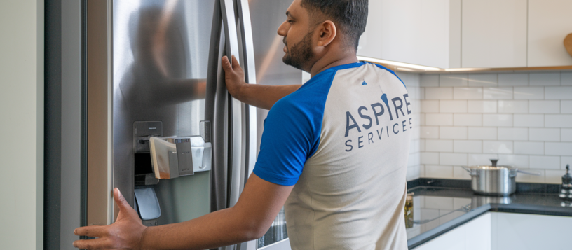Technician Checking gray color Side by Side Refrigerator. Refrigerator Repair Service in Mysore