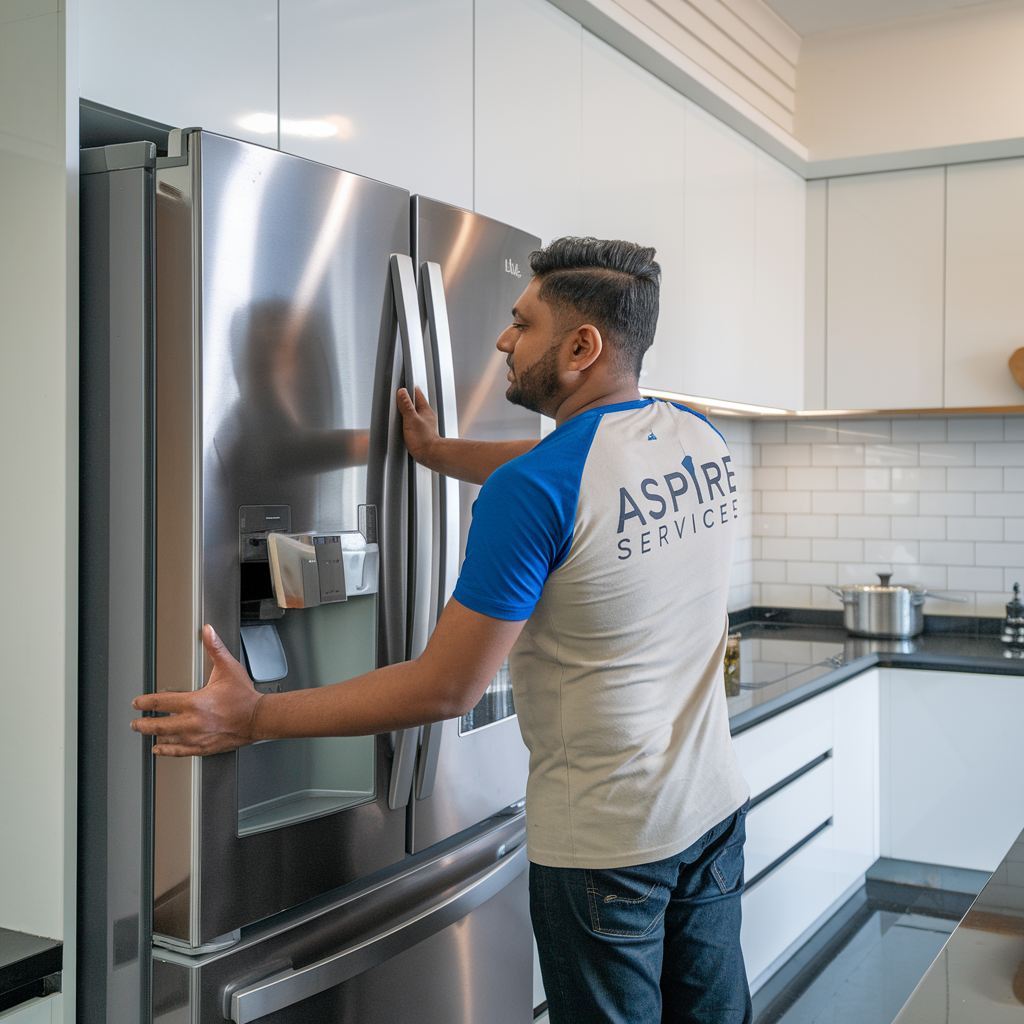 Technician Checking gray color Side by Side Refrigerator. Refrigerator Repair Service in Mysore