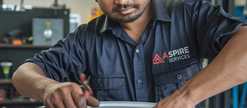 technician Repairing Top load Washing Machine who is in the navy blue uniform of Aspire Serivces
