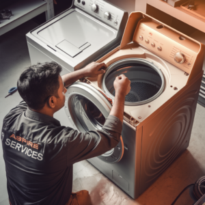 Aspire services technician in a black uniform expertly repairing a top-load washing machine, demonstrating professionalism and skill in appliance maintenance.