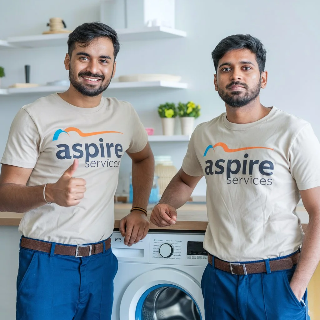 Two aspire services technicians showing thumb standing in front of a washing machine wearing cream color aspire services written t-shirts