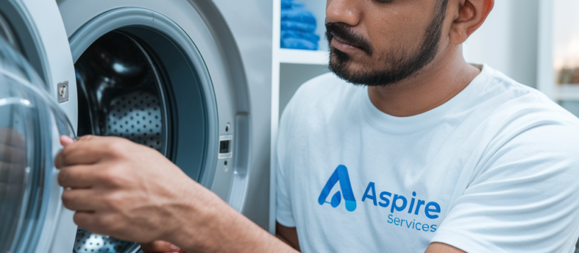 Technician from Aspire Service wearing White color tshirt repairing a Gray color Front Load Washing Machine